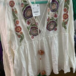 Embroidered Boho Peasant Top - Cream with Multicolor Floral Accents